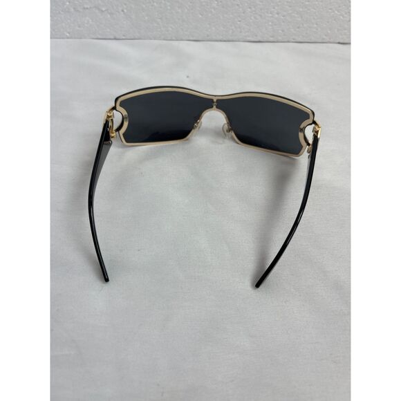 Black Y2K Shield Rimless Sunglasses Gold CC Accent Trendy Classy - Picture 5 of 7